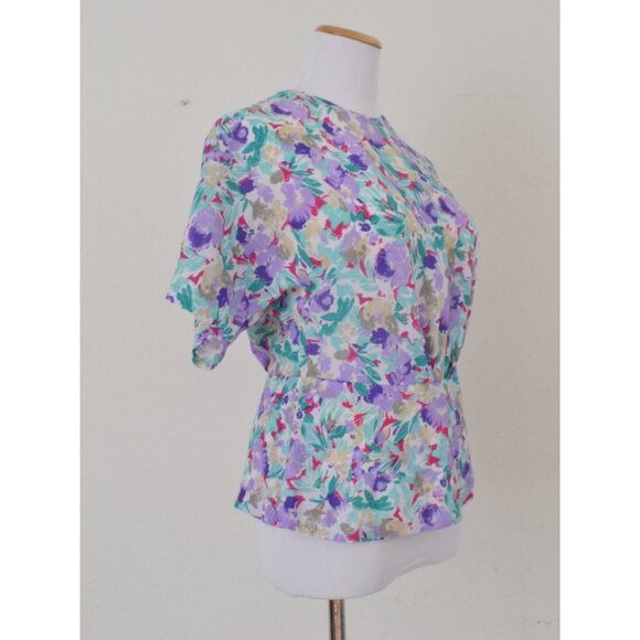 Vintage 80s Semi-Sheer Floral Polyester Peplum‎ blouse | size 8 - Picture 4 of 10